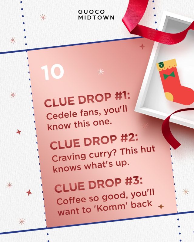 🎅✨ Week 1 Clues are here!

Santa lost a few of his Christmas socks while flying, and he needs your help to track them down. Stand a chance to win $40 worth of dining vouchers when you do!

How to join:

1️⃣ Spot and snap photos of the 3 hidden Santa Socks around the mall.
DM us your photos and a receipt* from any Guoco Midtown Retail Store on Instagram.

2️⃣ Follow @guocomidtown on Instagram.

3️⃣ Like and share our pinned post to spread the cheer.

*Receipt must be dated 1–7 Dec 2025.
Entries close 7 Dec, Sunday, 11:59 PM. Terms and conditions apply.

This promotion is not sponsored, endorsed or administered by Instagram or Facebook.

#GuocoMidtown #GuocoMidtownII #MidtownChristmas #SantasMissingGifts