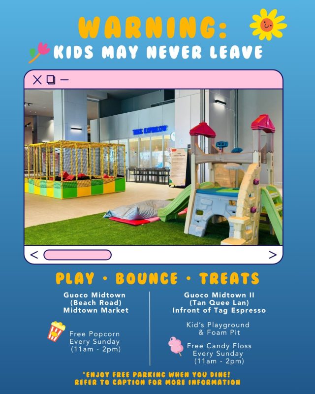 Bounce into fun at Guoco Midtown II (Tan Quee Lan)! 🤸‍♀️
Our brand-new playground and foam pit at Guoco Midtown II (Tan Quee Lan) are now officially open! The perfect spot for little ones to climb, jump and burn off all that extra energy.

And that’s not all:
🍬 Candy Floss Station: Popping up beside the new play area every Sunday (Guoco Midtown II, Tan Quee Lan)
🍿 Popcorn Station: Midtown Market at Guoco Midtown (Beach Road)

Make it a family day out with treats, play, and easy parking because from now till 28 Dec 2025, enjoy free parking at Guoco Midtown II (Tan Quee Lan), and till 29 Mar 2026, enjoy free parking at Guoco Midtown (Beach Road), when you dine at participating stores.
•⁠ ⁠Fridays after 5 PM
•⁠ ⁠All day on weekends

Come for the play. Stay for the treats. Park for free. 💛

#GuocoMidtown #GuocoMidtownII #LetsGoGMTII #TanQueeLan #WeekendAtGMT