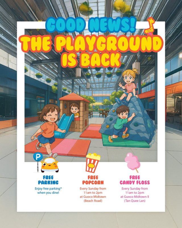 Good News: The Playground Is Back!

Playtime returns to Guoco Midtown (Beach Road)! A cosy corner for little ones to climb, explore, and enjoy an easy weekend at Bugis. 

And while you’re here, make the most of the Midtown perks:
🍿 Popcorn Station: Every Sunday at Guoco Midtown (Beach Road)
🍬 Free Candy Floss: Every Sunday at Guoco Midtown II (Tan Quee Lan), opposite Xiang Ju
🚗 Free Parking When You Dine
•⁠ ⁠Fridays after 5 PM
•⁠ ⁠All day on weekends
•⁠ ⁠Valid at Guoco Midtown till 29 Mar 2026
•⁠ ⁠Valid at Guoco Midtown II till 28 Dec 2025

Two play spots, sweet treats, and stress-free parking. Your weekend plans are sorted. 💛

*Terms and conditions apply. Free parking with a minimum spending of $50 at participating stores.