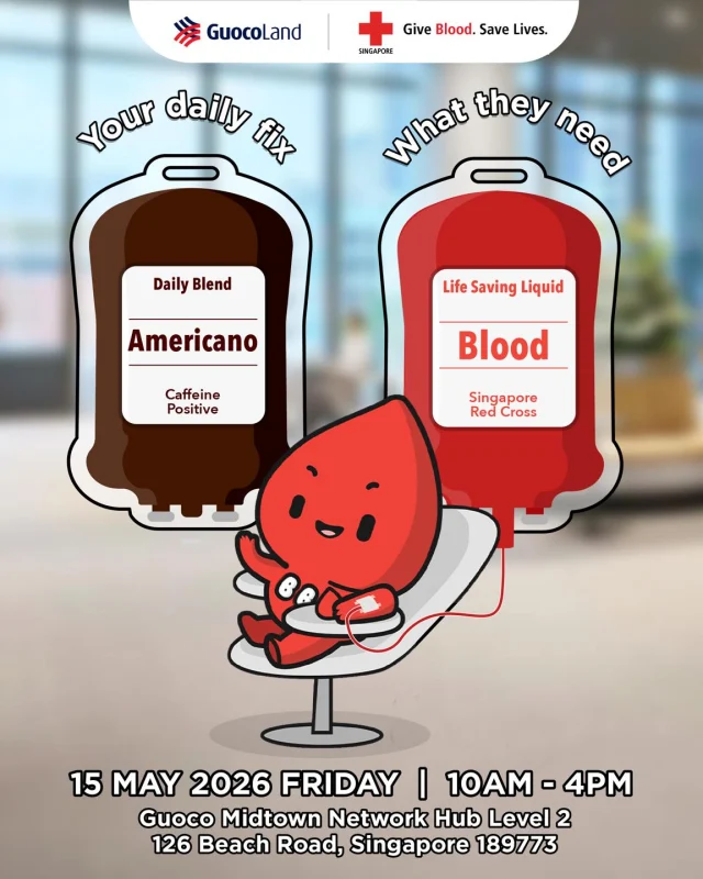 A single donation can mean everything to someone. While coffee keeps us going, blood donations keep others living ❤️
 
Turn a small act into something meaningful. Join us for our blood donation drive at Guoco Midtown Network Hub on 15 May 2026. Register via the link in bio.