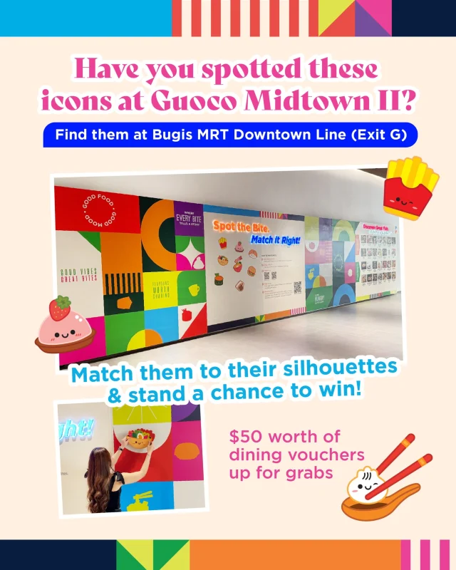Easy peasy game on a wall to win $50 worth of dining vouchers!🤩
Don’t just pass by… play. 😏 

How to join:
① Match the 8 food silhouettes
② Follow @guocomidtown
③ Snap a pic of all your completed matches
④ Post it on your IG Story & tag us

Contest ends 30 June 2026.

#GuocoMidtown #ExploreSingapore #HelloMidtown #WhatToEatSG #SingaporeFoodies #Foodie