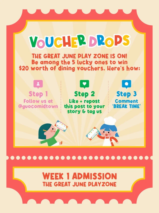 🎉 THE GREAT JUNE PLAY ZONE IS ON! And so are our surprise BREAK TIME voucher drops. Be among the 5 lucky ones to win $20 worth of dining vouchers. Here’s how:

Step 1 - Follow @guocomidtown
Step 2 - Like + repost this post to your Story & tag us
Step 3 - Comment ‘BREAK TIME’

#GuocoMidtown #GuocoMidtownII #Giveaway