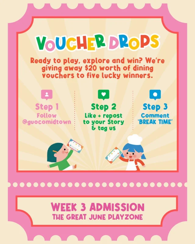 🚨 The Great June Play Zone is bringing the fun, and this week’s VOUCHER DROP is bringing the rewards.

5 lucky winners stand a chance to win $20 worth of dining vouchers to be won. Hurry!

How to join:
Step 1 - Follow @guocomidtown
Step 2 - Like + repost to your Story & tag us
Step 3 - Comment ‘BREAK TIME’