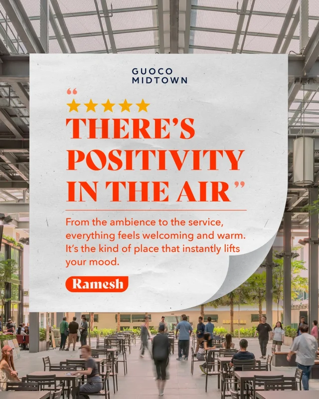 🤷🏻‍♀️ Just saying, Ramesh said it, not us. ⭐⭐⭐⭐⭐

A little shoutout to Ramesh for the lovely review! 🧡

If you need a spot to kick back and unwind, whether it’s an after-work hangout or a slow Saturday with friends, swing by Guoco Midtown for good vibes, great food and warm hospitality that makes you want to stay a little longer. 😉

#GuocoMidtown #GuocoMidtownII